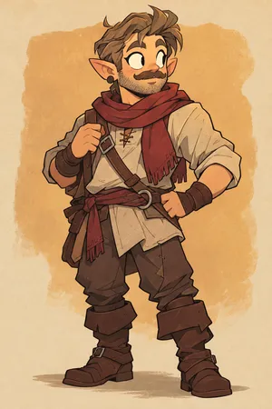 Rickon Fiddler, a small bard with pointed ears, a moustache, a red scarf and tall boots.